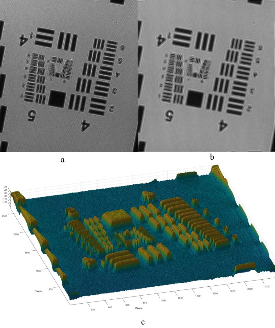 Figure 10   Resolution board sample observations a: hologram b: light intensity diagram after processing c: 3D image